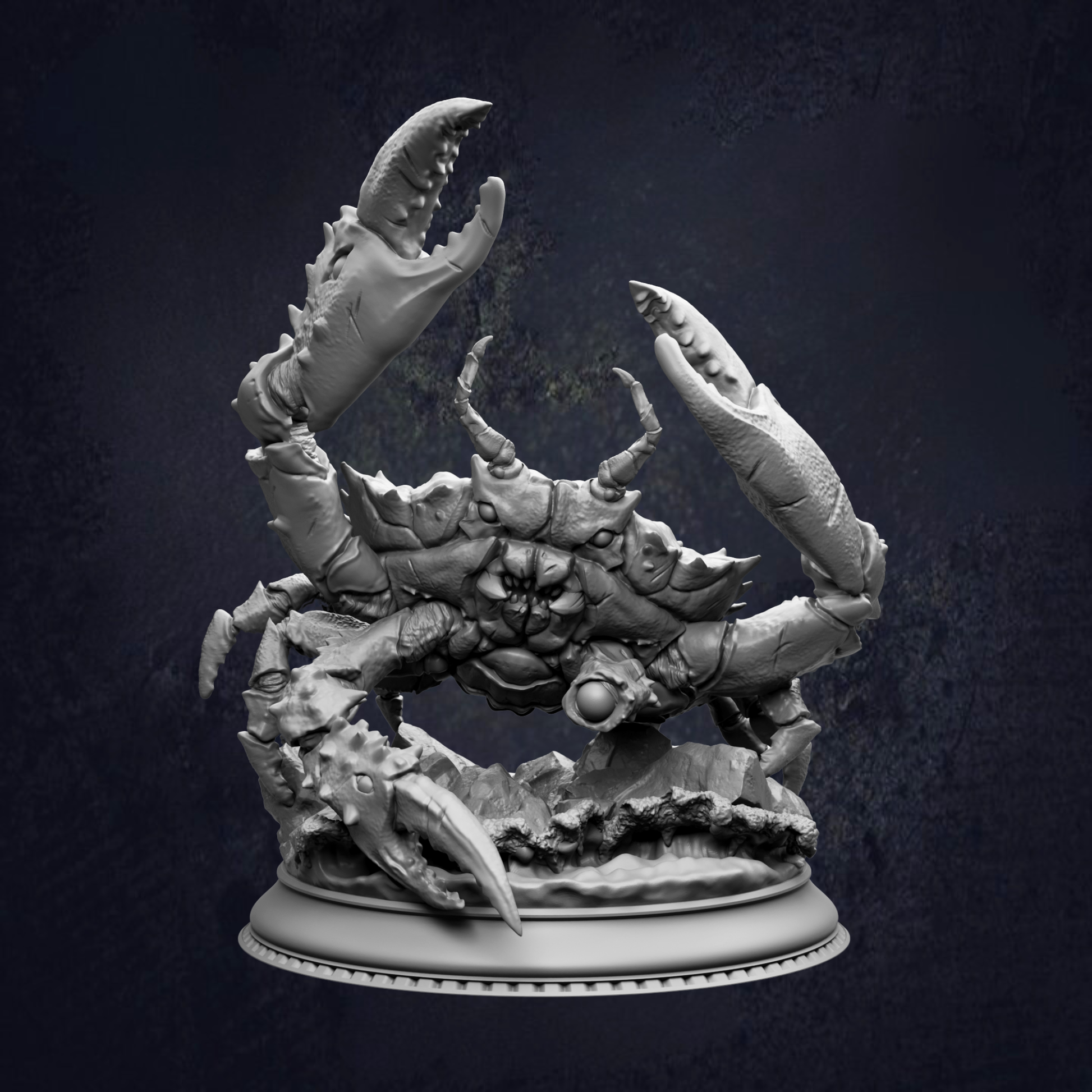 A detailed 3D model of a crab with its claws extended, standing on a base against a dark background.