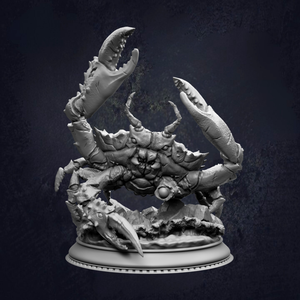 A detailed 3D model of a crab with its claws extended, standing on a base against a dark background.