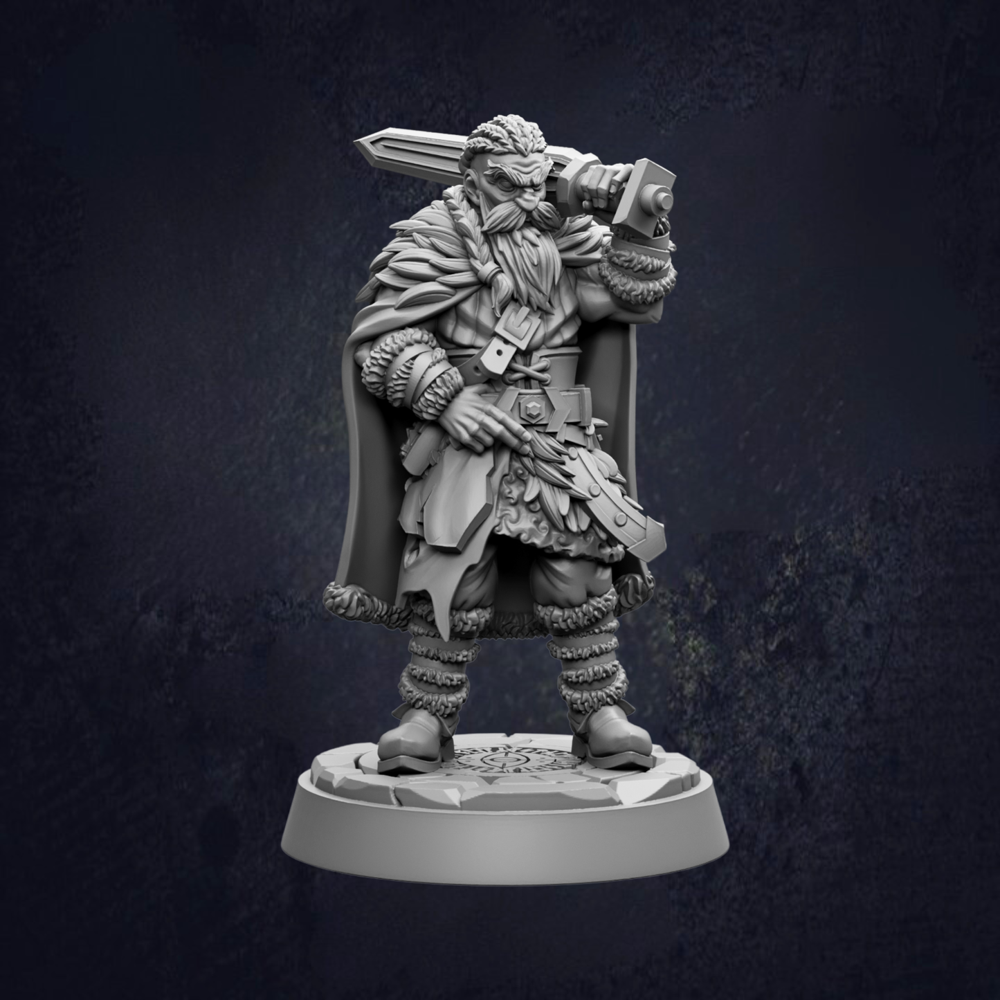 A detailed 3D model of a bearded man wearing a fur-trimmed cape and holding a sword, standing on a platform against a dark background.