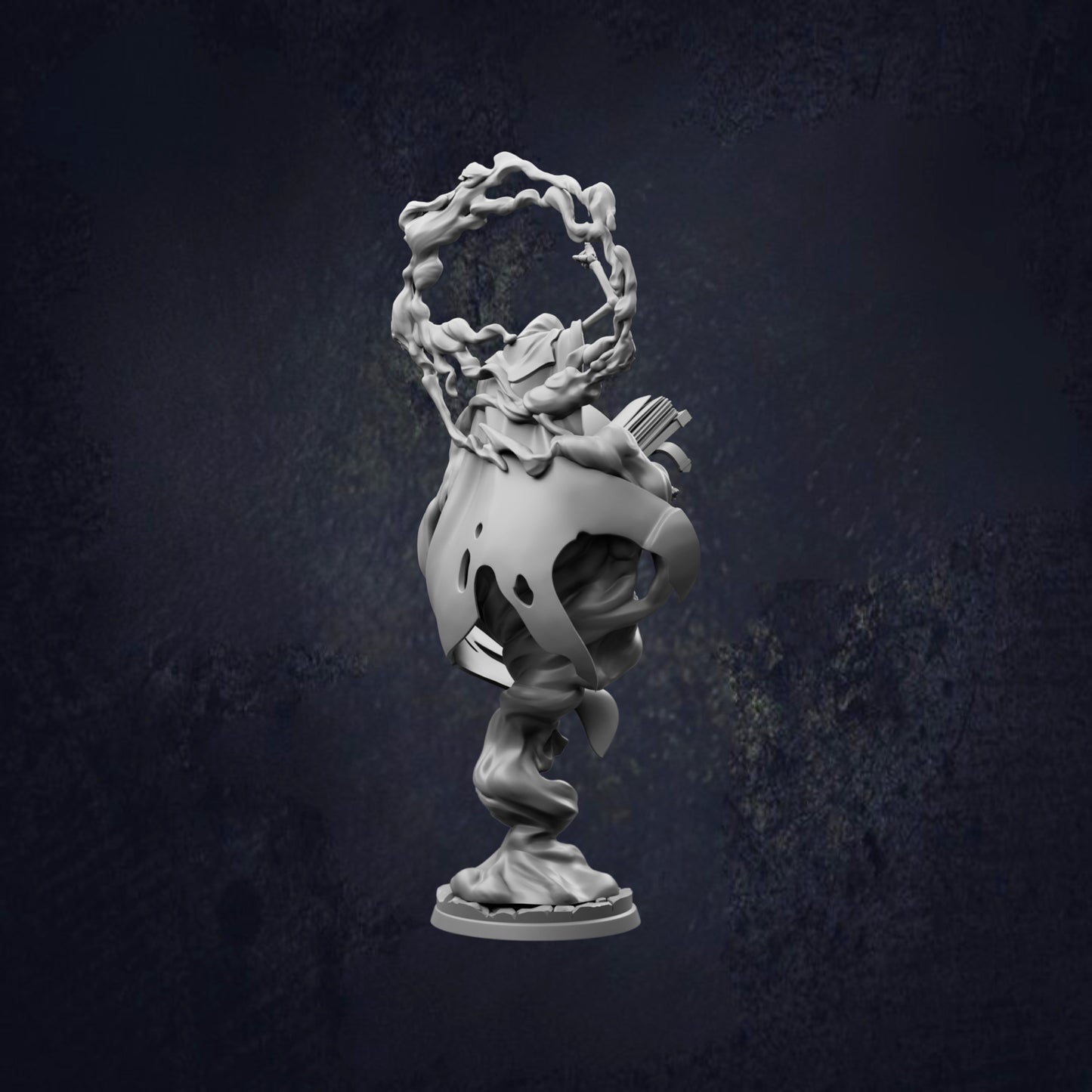 A 3D rendering of a stylized, abstract sculpture with a twisted, organic shape and a chain-like structure at the top.