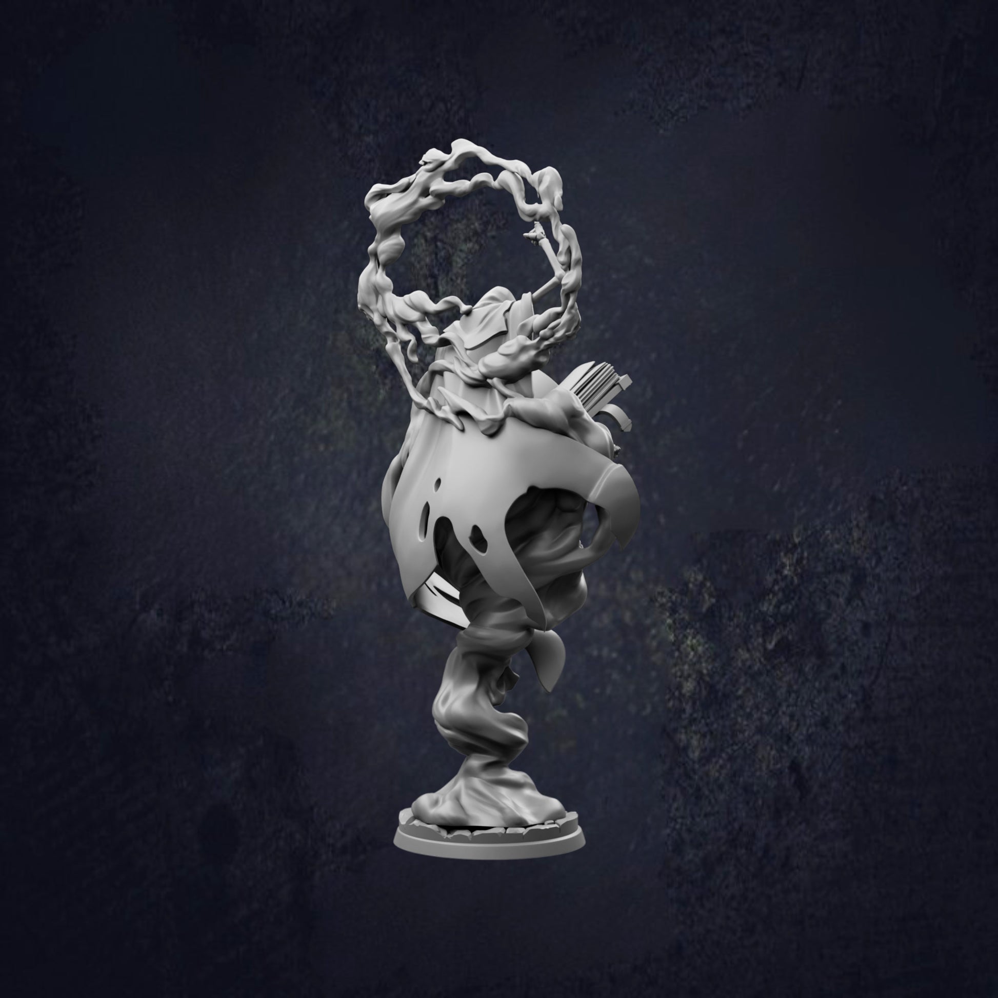 A 3D rendering of a stylized, abstract sculpture with a twisted, organic shape and a chain-like structure at the top.