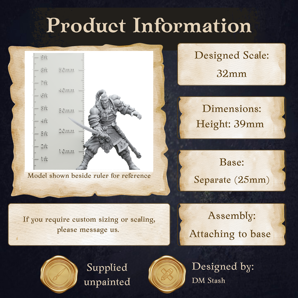 The image is a product information graphic that provides details about a model, including its dimensions, base, and assembly instructions.