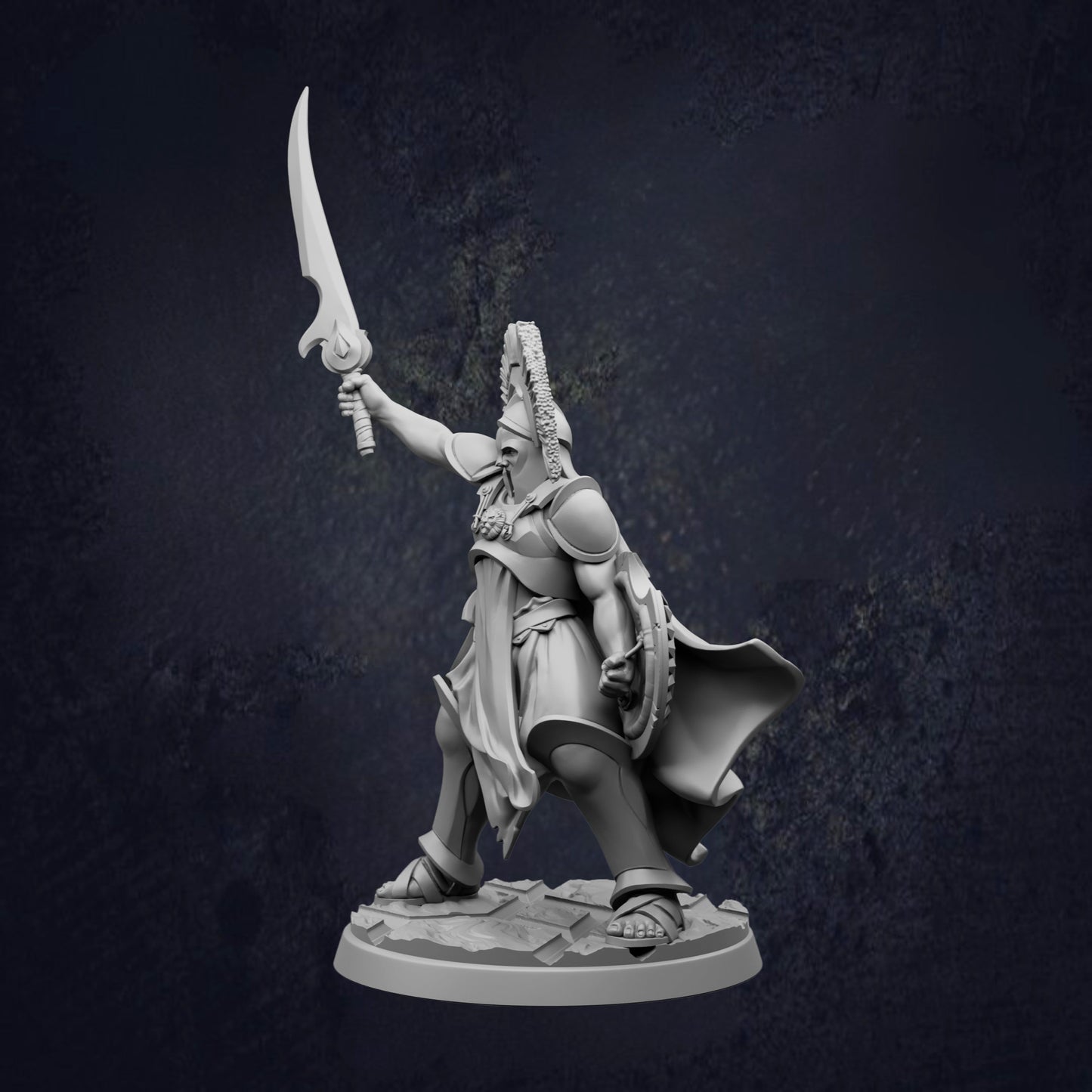 A statue of a warrior figure holding a sword and shield, standing in a fighting stance.