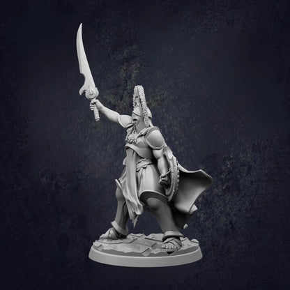 A statue of a warrior figure holding a sword and shield, standing in a fighting stance.