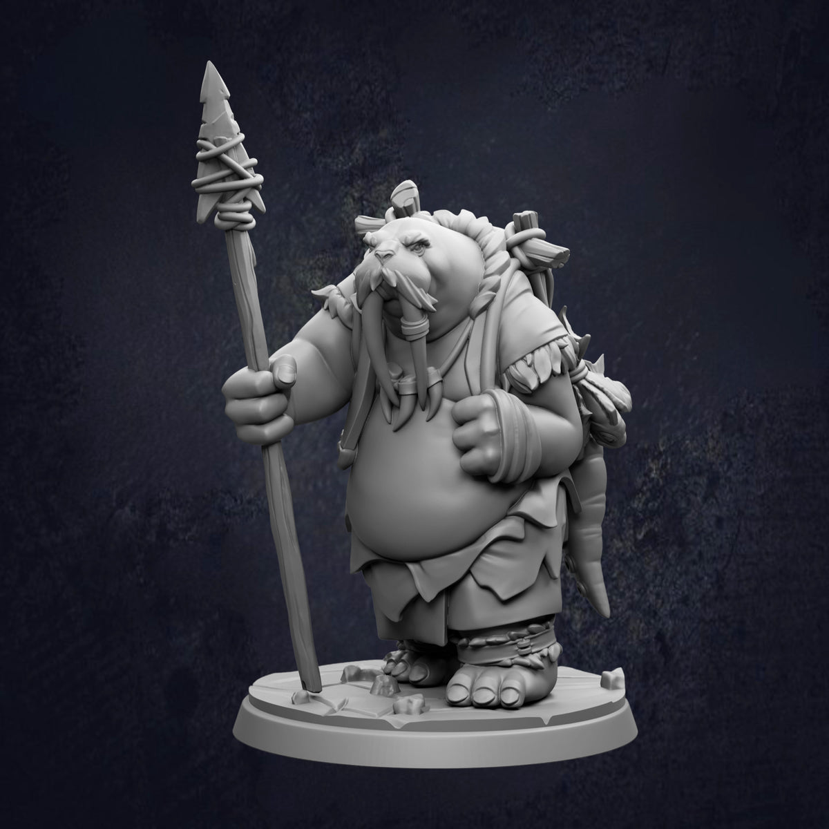 A 3D rendering of a fantastical creature, possibly a dragon or a monster, holding a spear and standing on a platform.