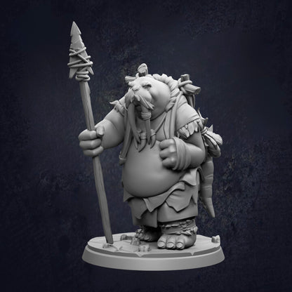 A 3D rendering of a fantastical creature, possibly a dragon or a monster, holding a spear and standing on a platform.