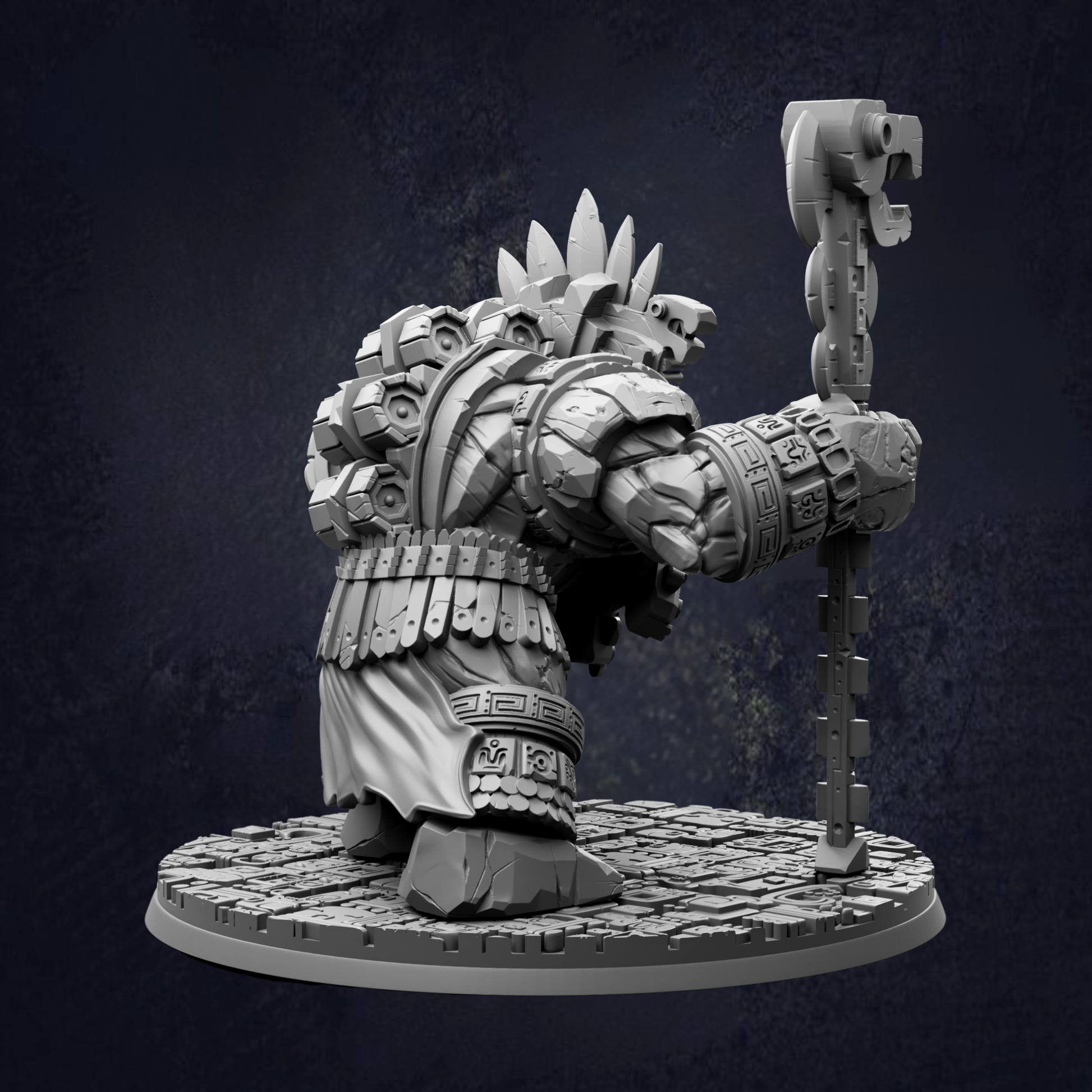A detailed 3D model of a fantastical creature, possibly a dragon or mythical beast, standing on a platform and holding a staff or staff-like object.