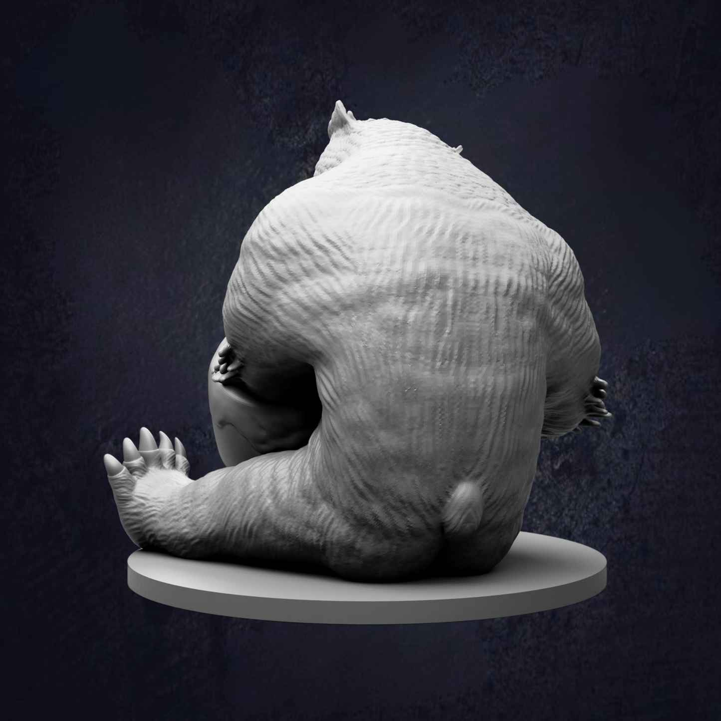 A large, detailed 3D model of a bear sitting on a platform against a dark background.