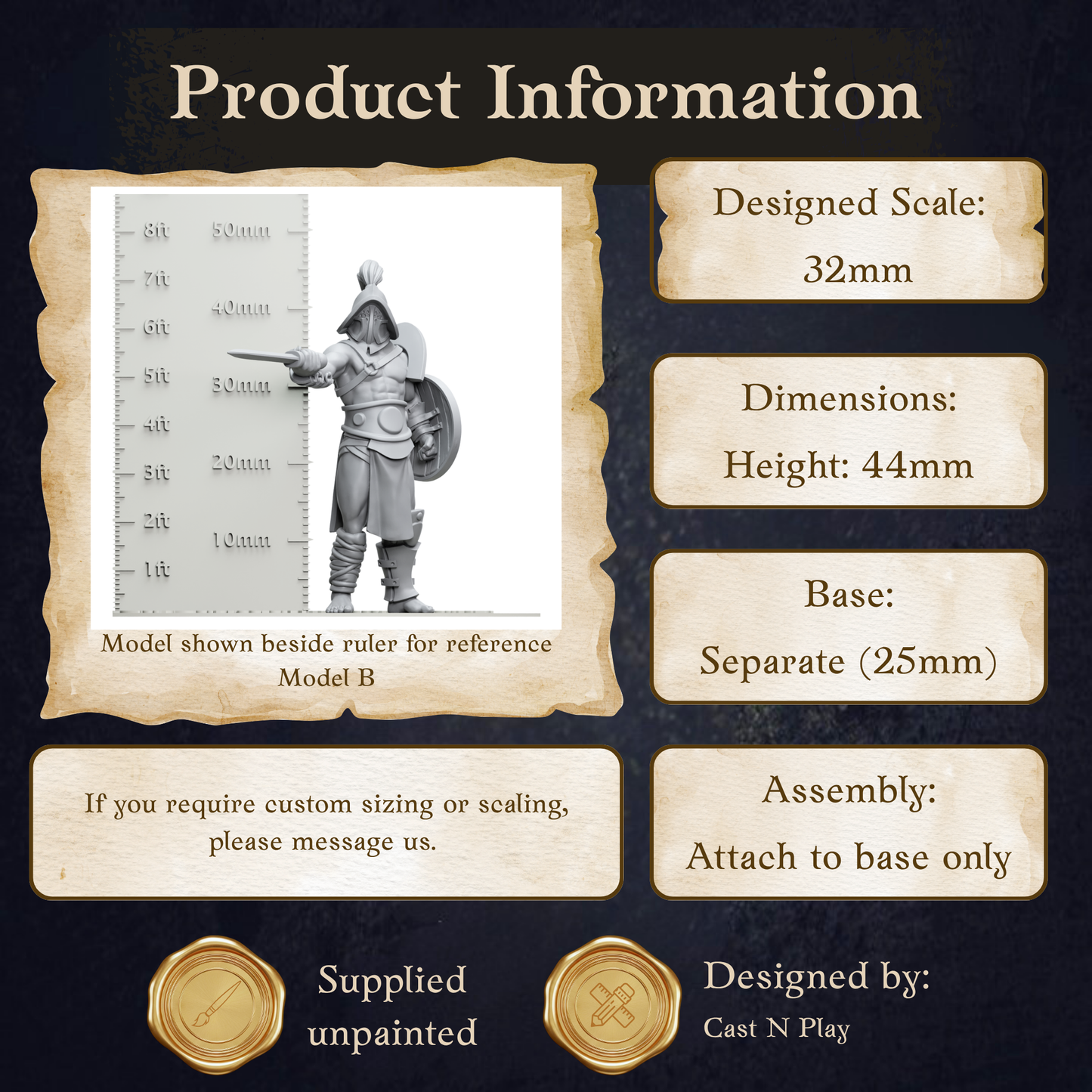 The image is a product information display featuring a model of a warrior figure, along with dimensions and assembly instructions.