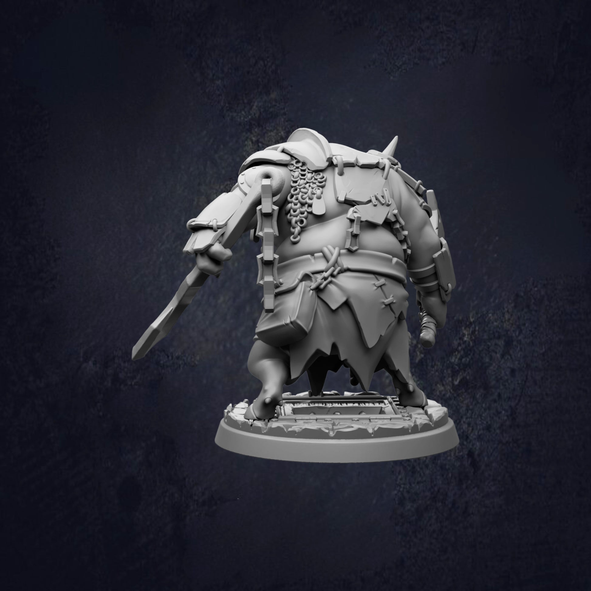 A 3D rendering of a heavily armored and battle-ready character, likely a fantasy or science fiction character, with various weapons and equipment.