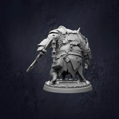 A 3D rendering of a heavily armored and battle-ready character, likely a fantasy or science fiction character, with various weapons and equipment.