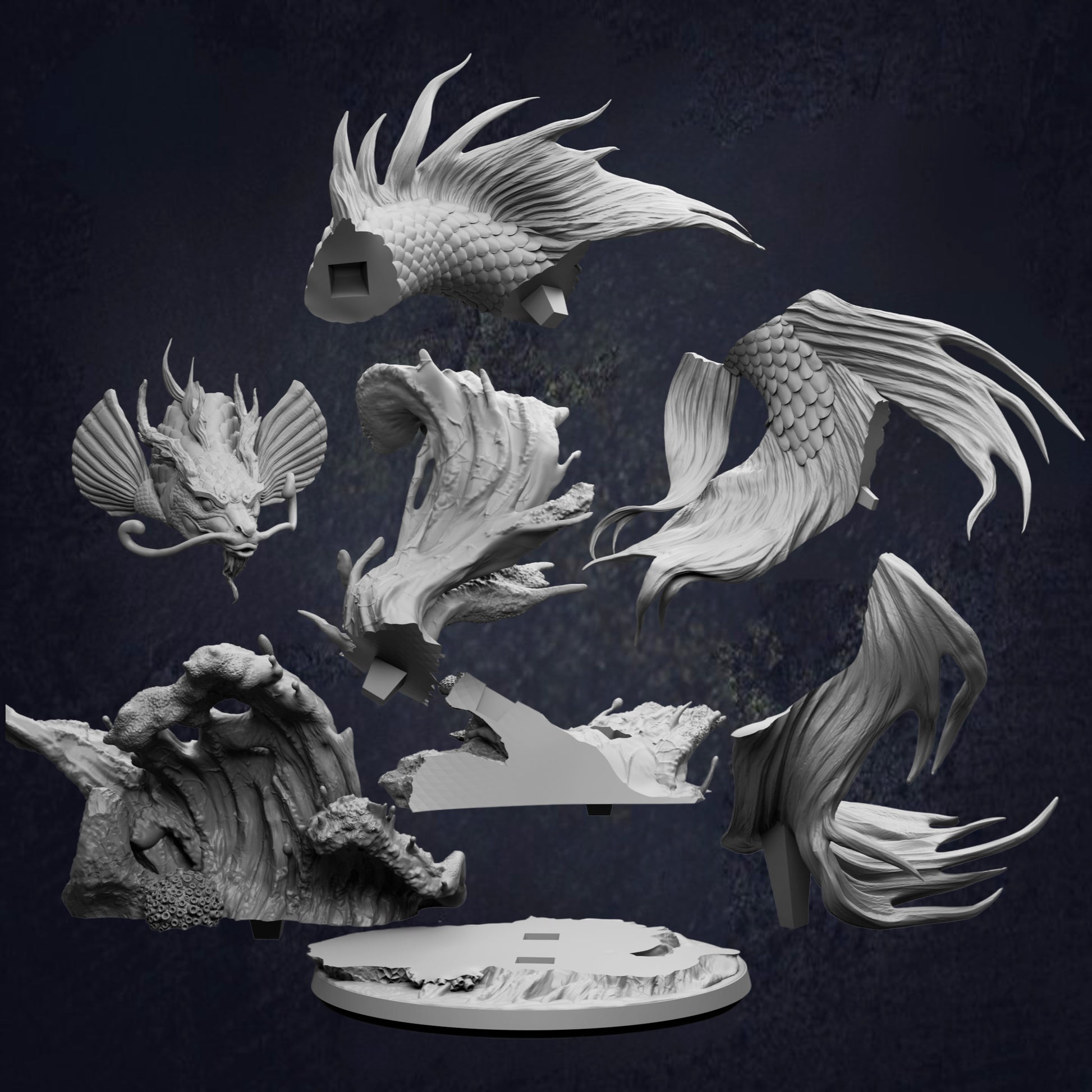 Exploded view of the Koi Dragon Gargantuan Ancient Water Dragon D&D RPG miniature, showing a serpentine dragon with flowing fins, whiskers and detailed scales rising from a rocky ocean base. 166mm tall on a 100mm base. Requires assembly.