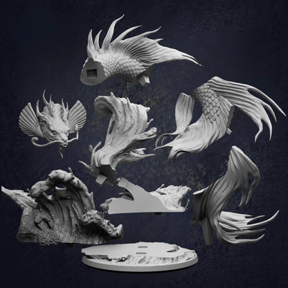Exploded view of the Koi Dragon Gargantuan Ancient Water Dragon D&D RPG miniature, showing a serpentine dragon with flowing fins, whiskers and detailed scales rising from a rocky ocean base. 166mm tall on a 100mm base. Requires assembly.