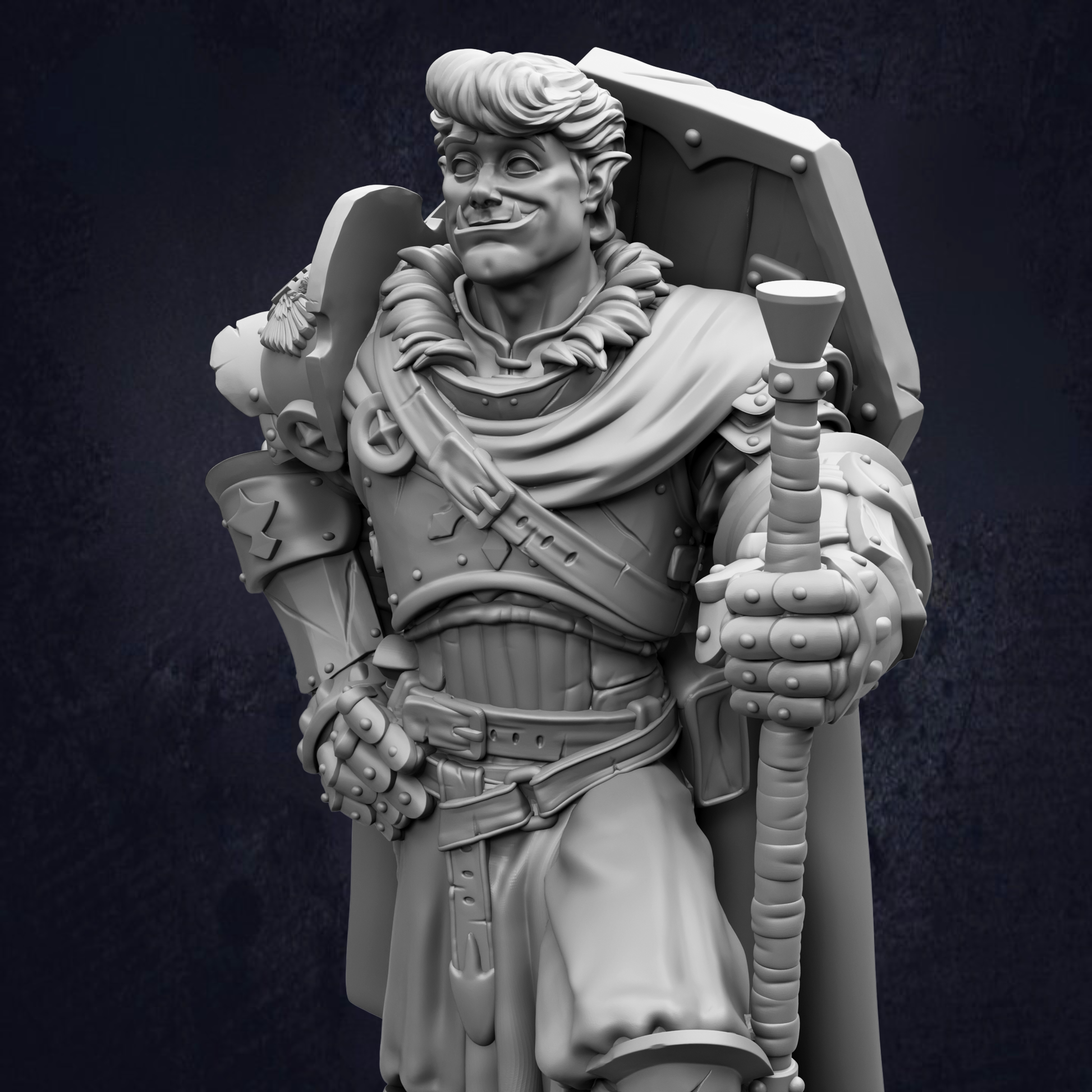 A detailed 3D rendering of a knight figure, standing in a pose with a shield and sword.