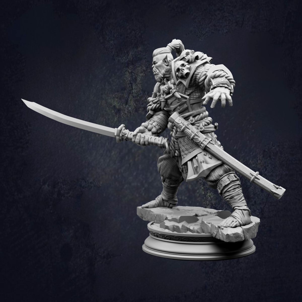A detailed 3D model of a warrior figure wielding a sword and shield, standing on a platform against a dark background.