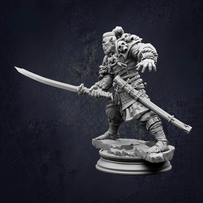 A detailed 3D model of a warrior figure wielding a sword and shield, standing on a platform against a dark background.