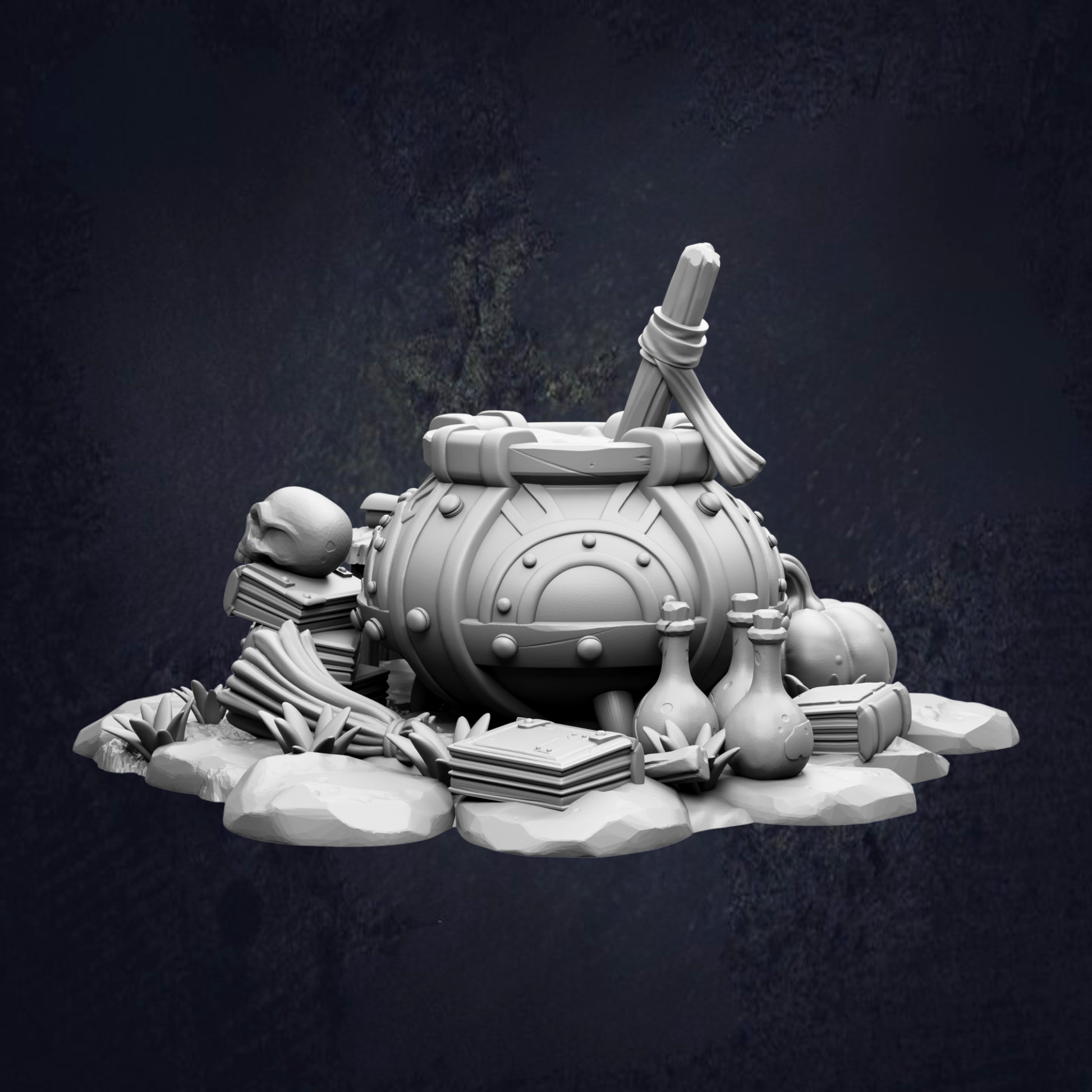 A 3D rendering of a fantasy-themed object, possibly a magical cauldron or artifact, surrounded by various fantasy-themed items such as a skull, a broom, and a book.