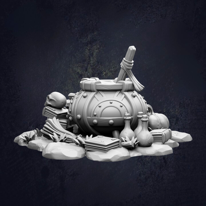 A 3D rendering of a fantasy-themed object, possibly a magical cauldron or artifact, surrounded by various fantasy-themed items such as a skull, a broom, and a book.
