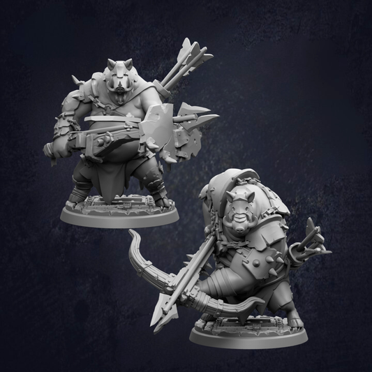 two detailed 3D models of fantasy creatures, each holding various weapons and armor.