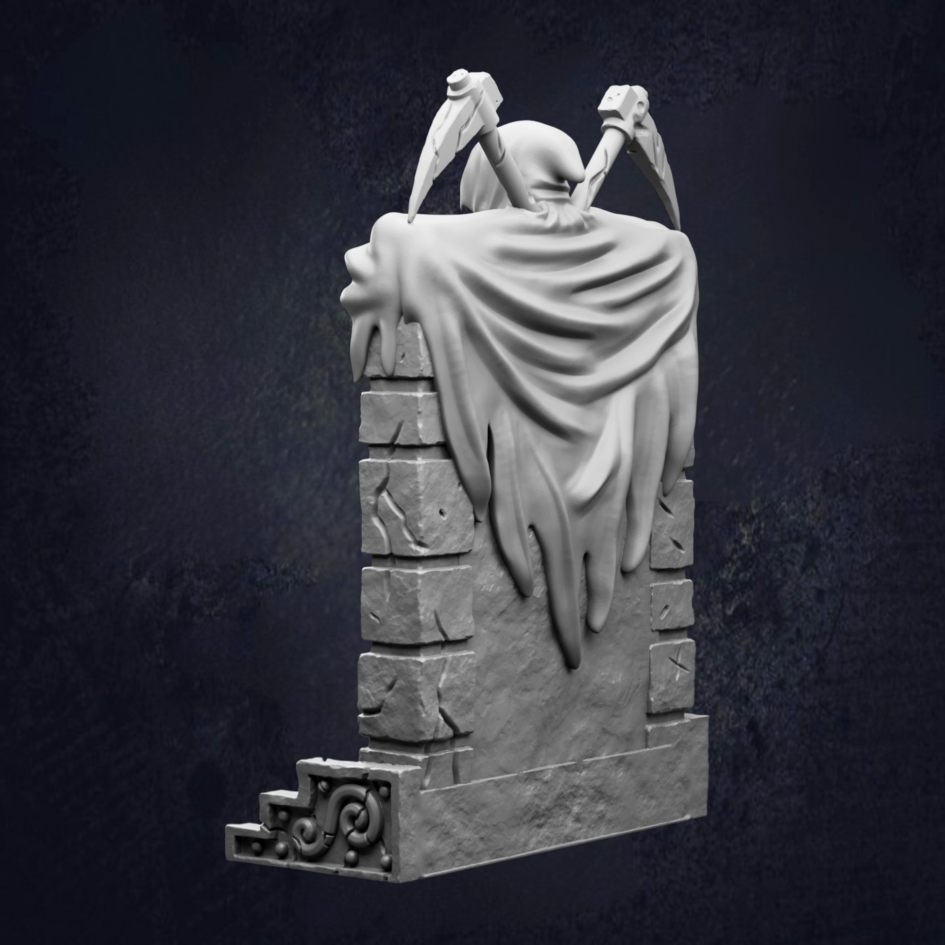 A 3D rendering of a stone statue with a draped cloak and two crossed swords, set against a dark background.