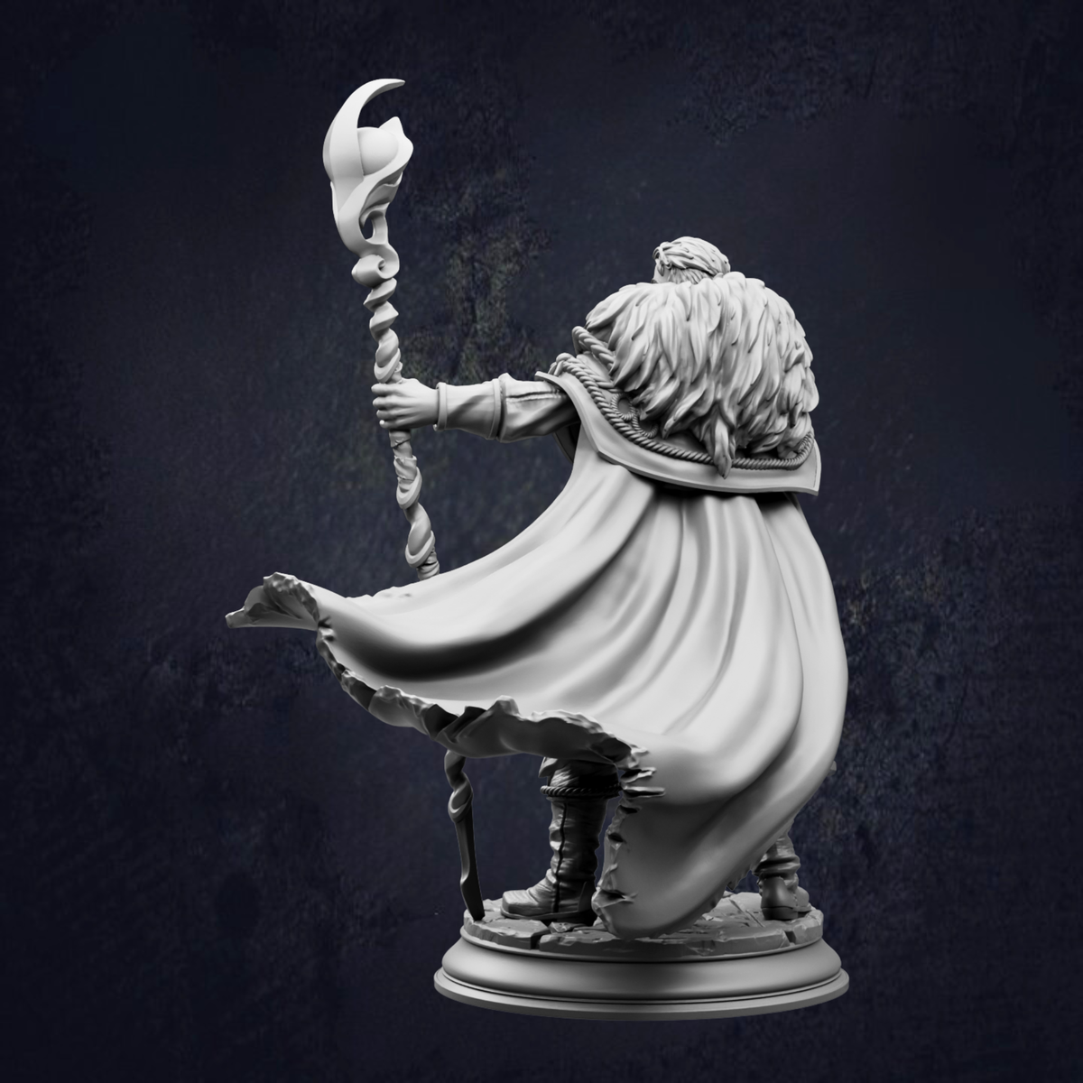 A statue of a person holding a staff and wearing a flowing cape, standing against a dark background.