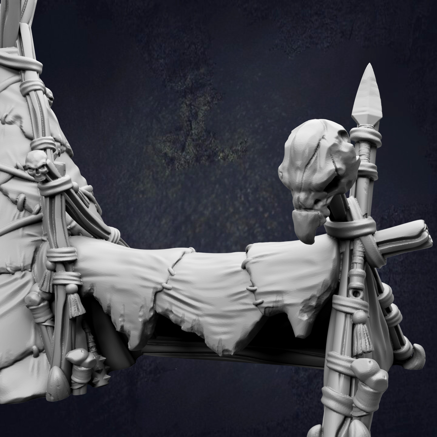 A detailed 3D rendering of a skull-like figure, possibly a sculpture or model, set against a dark background.