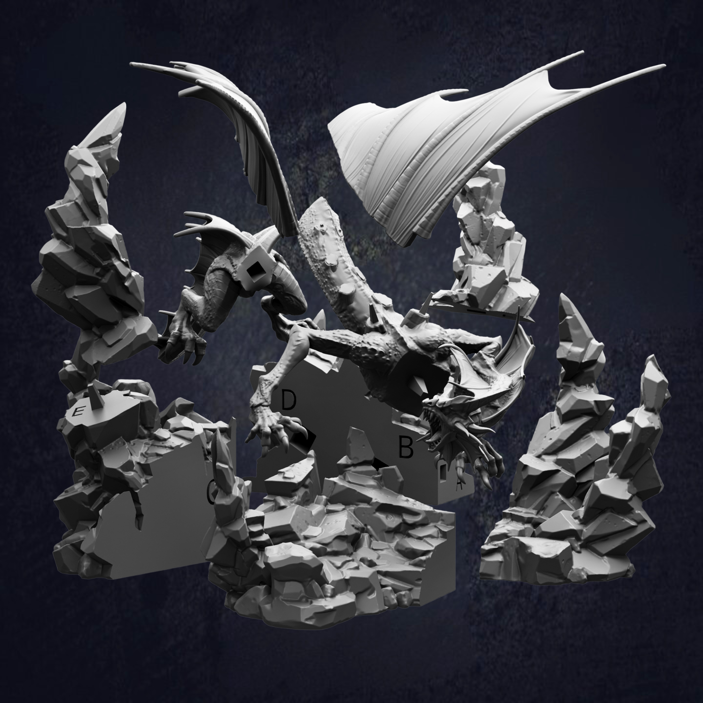 A 3D rendering of a dragon-like creature with wings and sharp teeth, surrounded by rocky terrain and other abstract shapes.