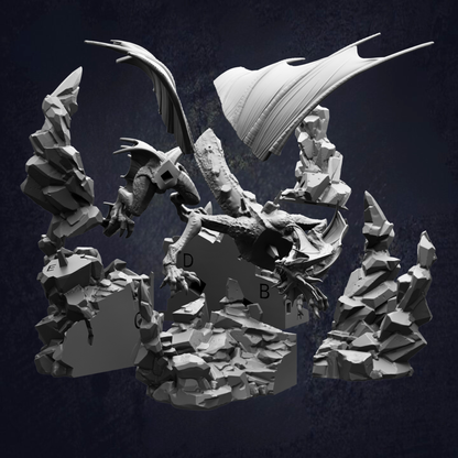 A 3D rendering of a dragon-like creature with wings and sharp teeth, surrounded by rocky terrain and other abstract shapes.