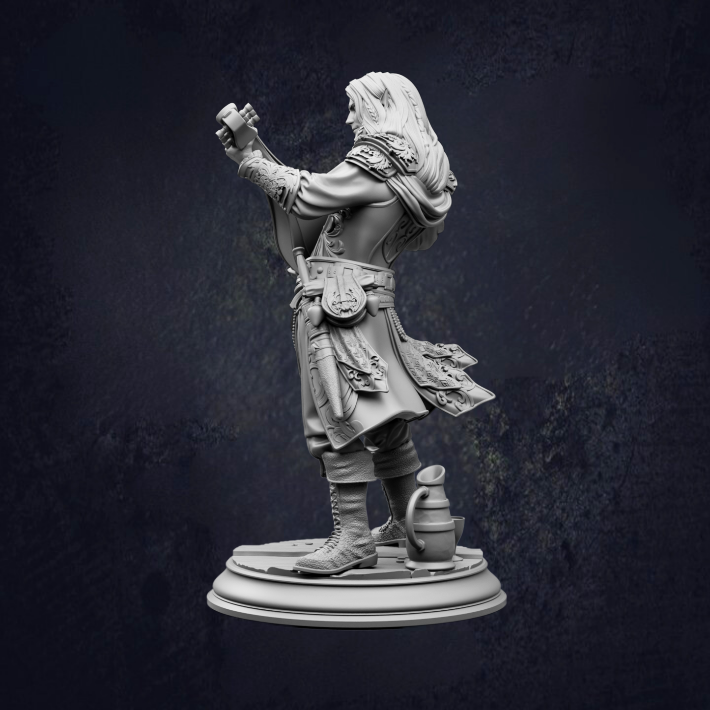 A statue of a person with long hair, wearing a long skirt and boots, holding a shield and a sword, standing on a pedestal.