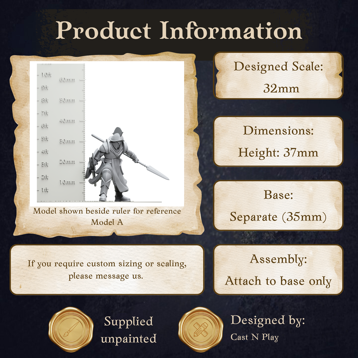 The image is a product information graphic that provides details about a model, including its dimensions, height, base, and assembly instructions.