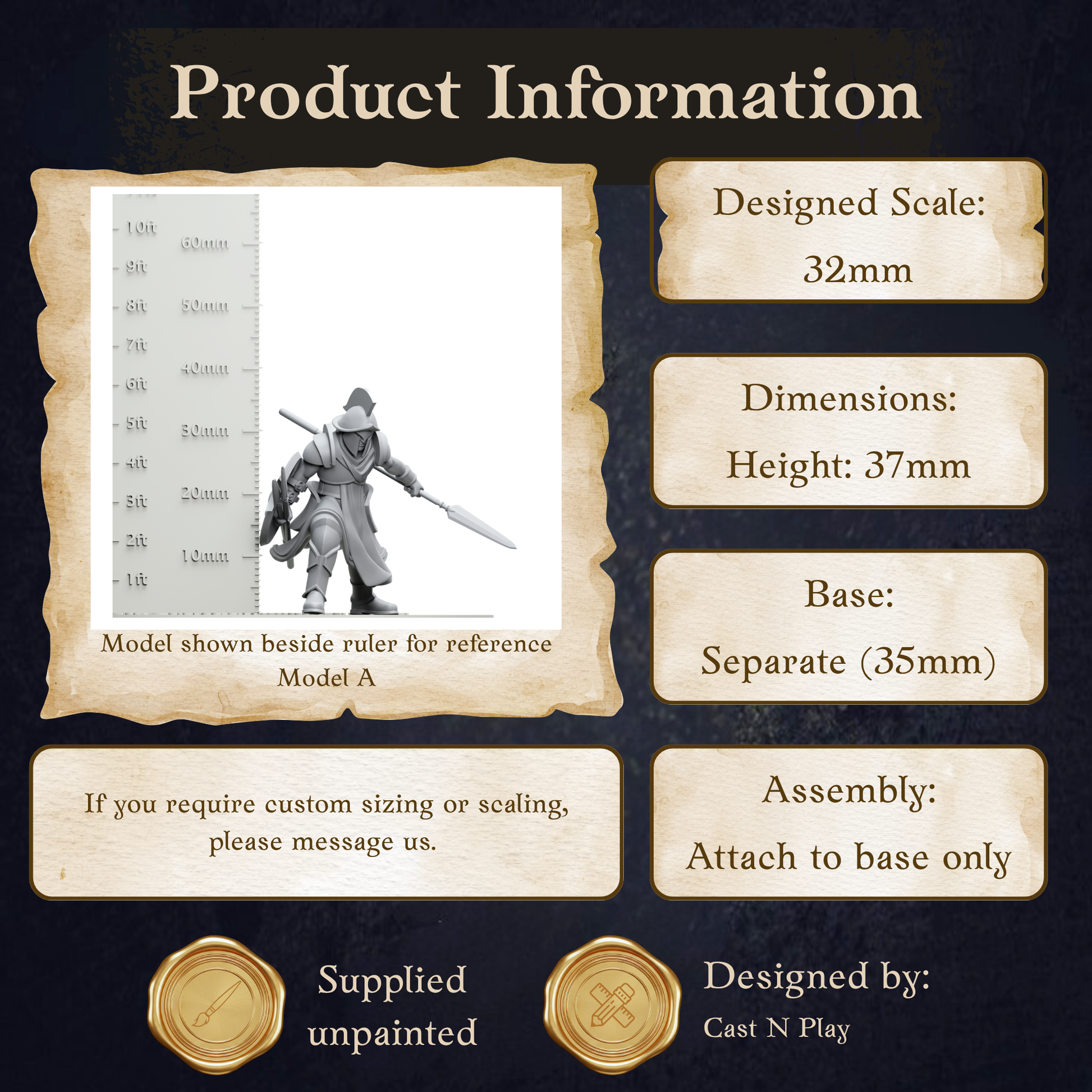 The image is a product information graphic that provides details about a model, including its dimensions, height, base, and assembly instructions.