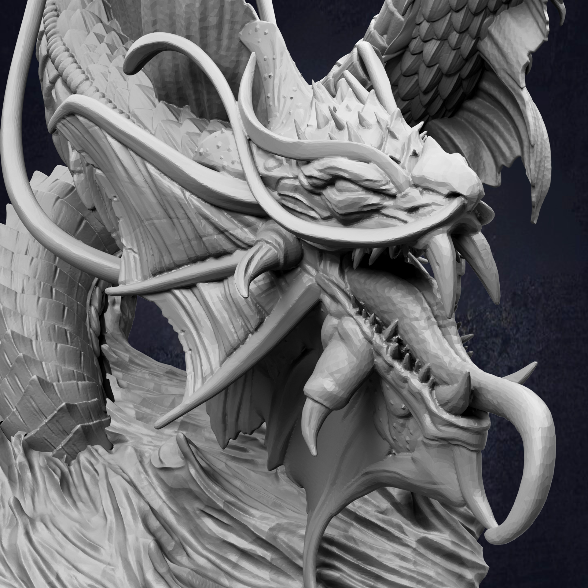 A detailed, intricate sculpture of a fierce-looking dragon with sharp teeth and a menacing expression, set against a dark background.