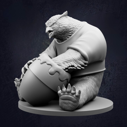 A 3D rendering of a bear holding a large ball, with a fierce expression on its face.