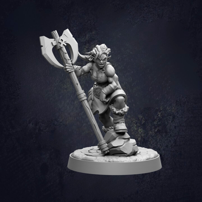 A 3D model of a female warrior figure holding a large weapon, standing on a rock base against a dark background.