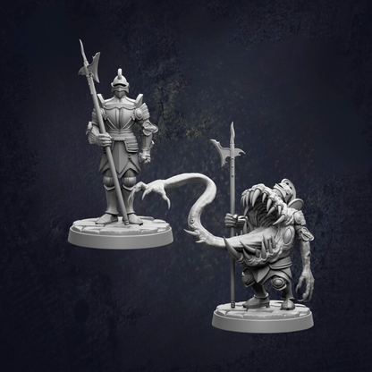 two figurines, one of a knight and the other of a creature, both standing on platforms and holding weapons.