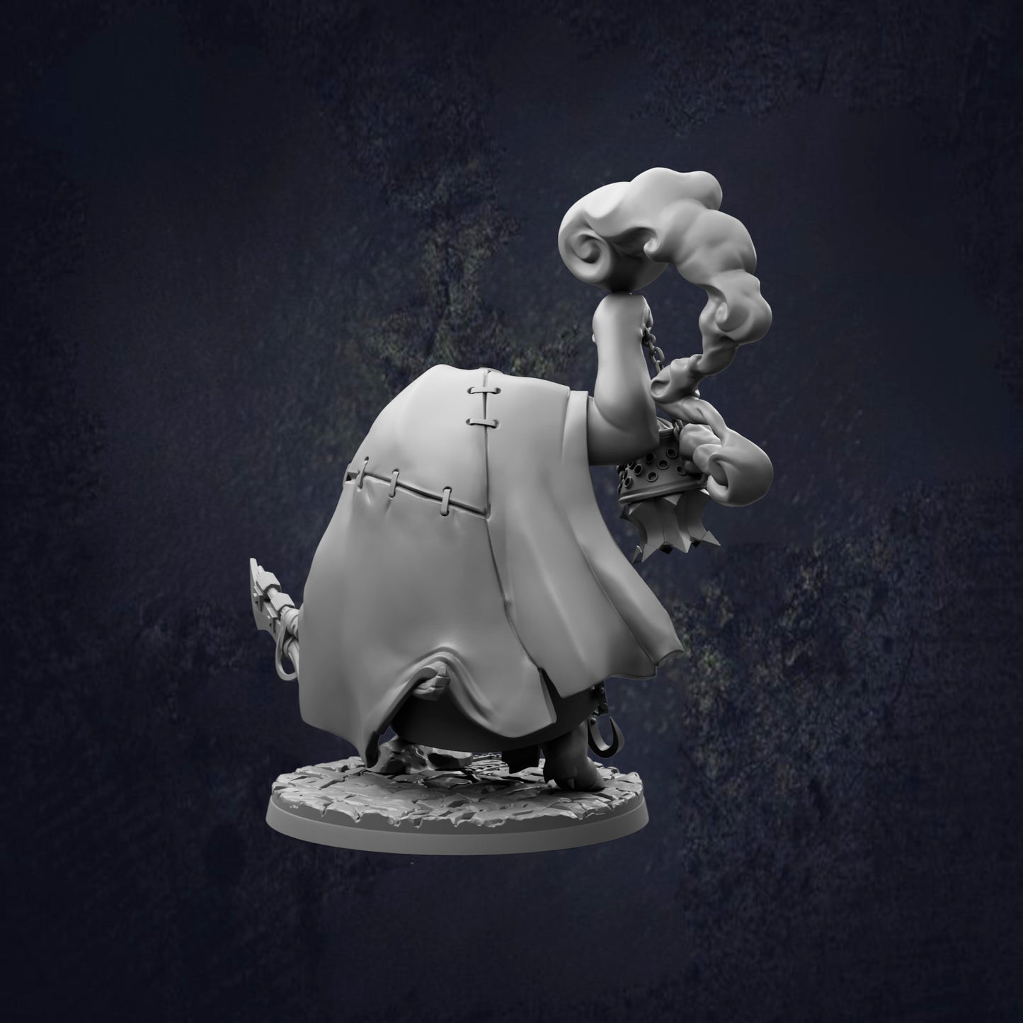 A 3D model of a fantastical creature, possibly a dragon or serpent, with a flowing, draped cloak and a large, curled object in its mouth.