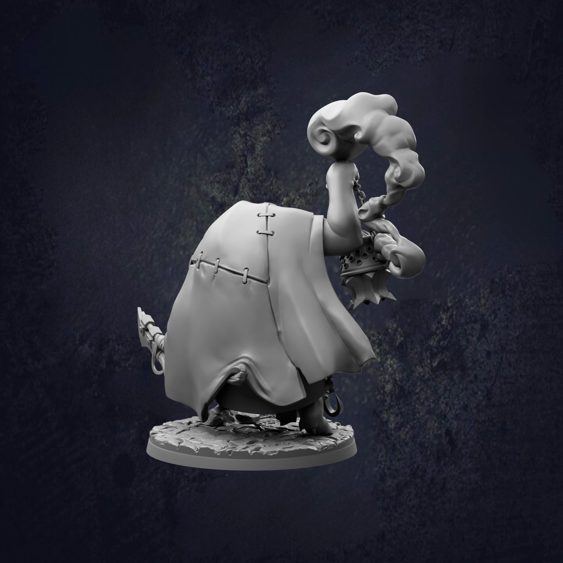 A 3D model of a fantastical creature, possibly a dragon or serpent, with a flowing, draped cloak and a large, curled object in its mouth.