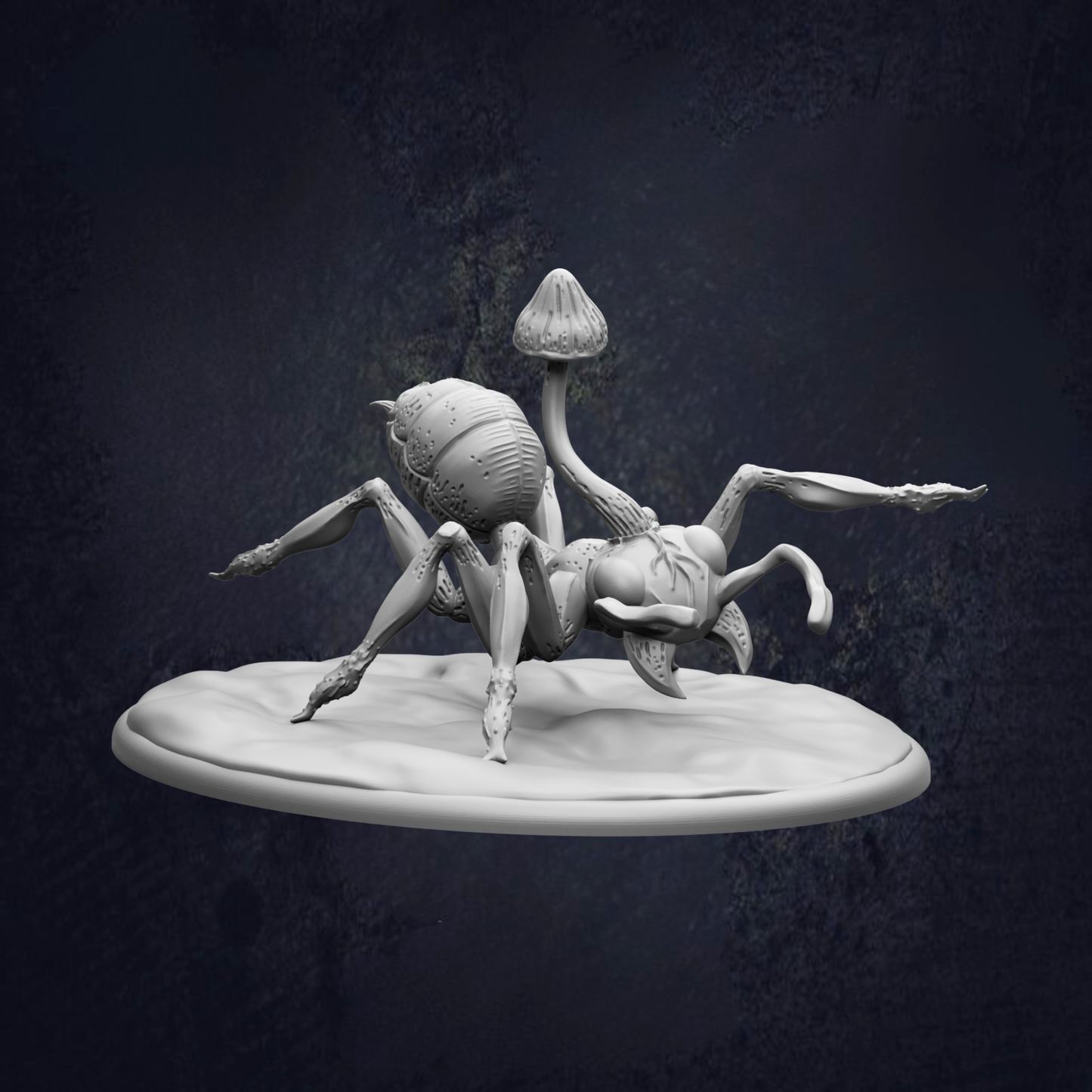 A 3D rendering of a spider-like creature with a mushroom-like body, set against a dark background.