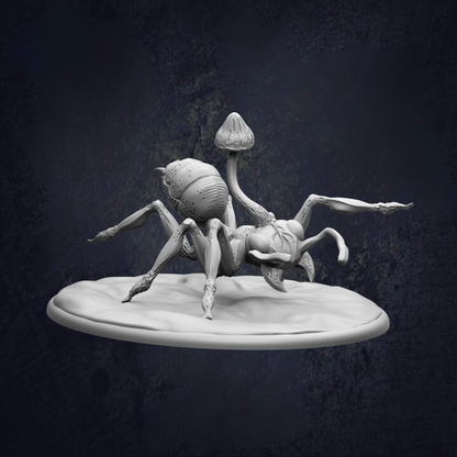 A 3D rendering of a spider-like creature with a mushroom-like body, set against a dark background.