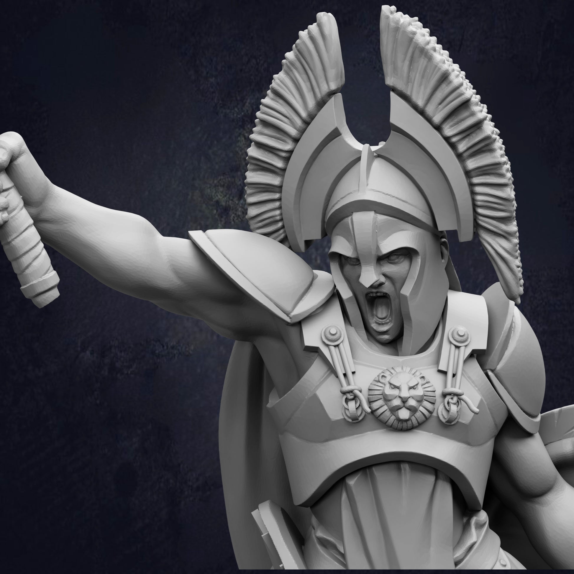 A detailed 3D rendering of a warrior figure in a helmet and armor, with a fierce expression on their face.