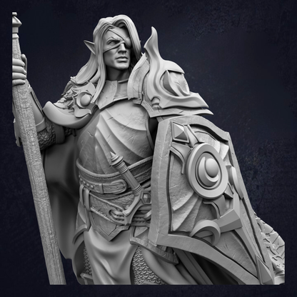 A detailed 3D rendering of a knight figure, holding a shield and sword, standing in a defensive stance.