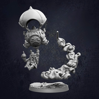 A 3D rendering of a fantastical creature with a large, dome-shaped head and a smaller, cylindrical body, floating in the air against a dark background.