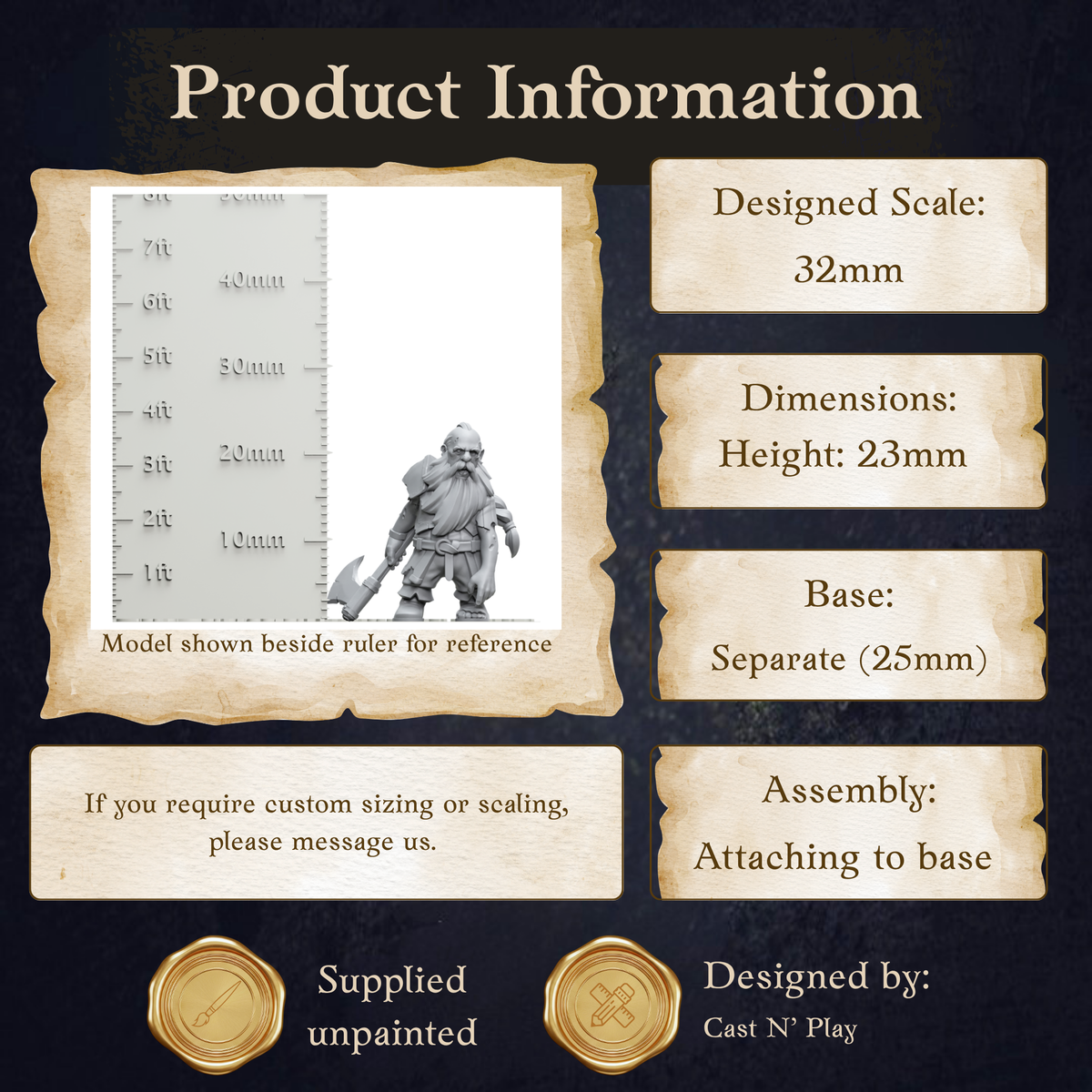 The image is a product information page for a model shown beside a ruler for reference. The page provides details about the model, including its dimensions, height, base, and assembly instructions. It also includes information about whether the model is supplied unpainted or designed by Cast N Play.