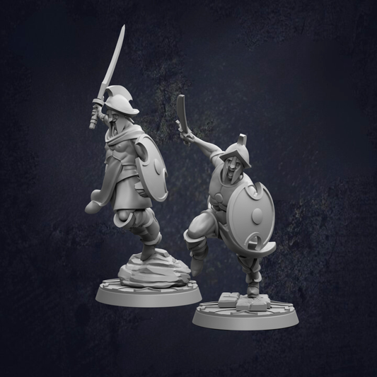 Two figurines of soldiers, one standing and one in motion, are depicted against a dark background.