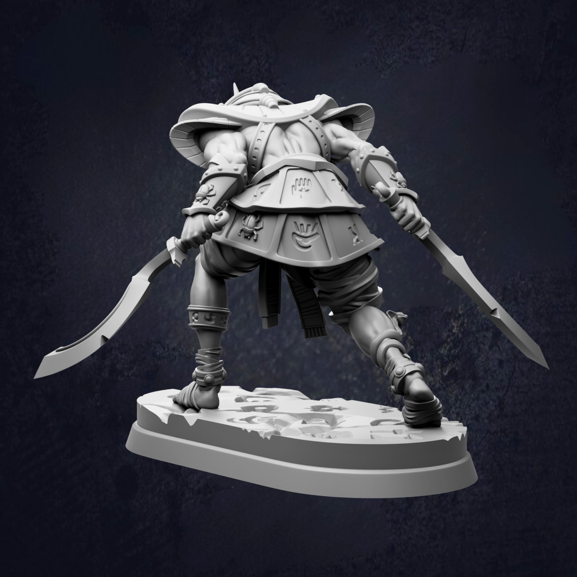 A 3D rendering of a warrior figure, holding two swords and wearing a helmet with a shield, standing on a platform against a dark background.