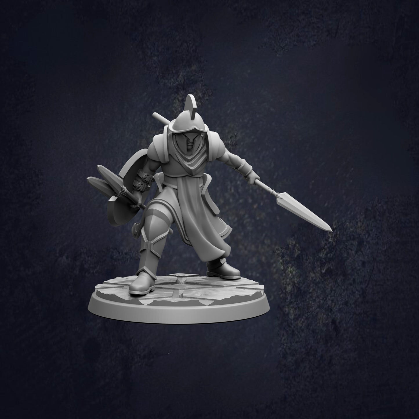A 3D model of a warrior figure holding a shield and sword, standing on a platform against a dark background.