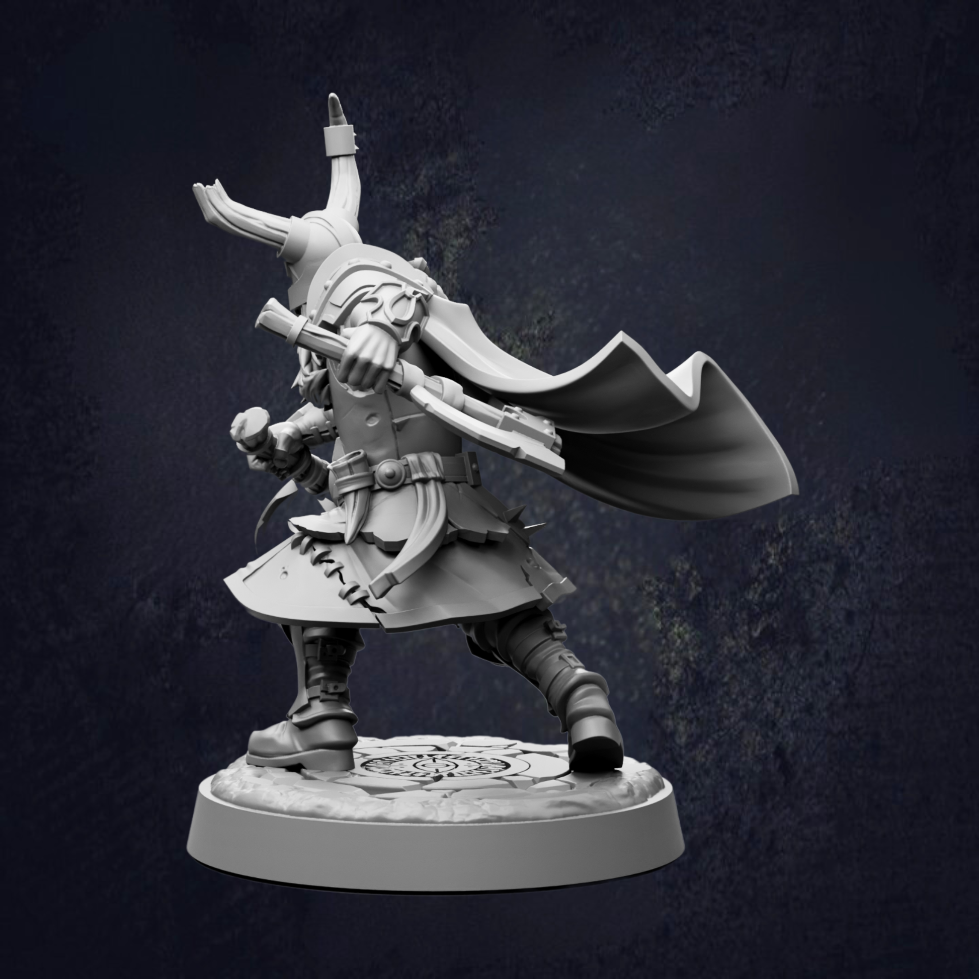 A 3D rendering of a character with horns, a cape, and a sword, standing on a base against a dark background.