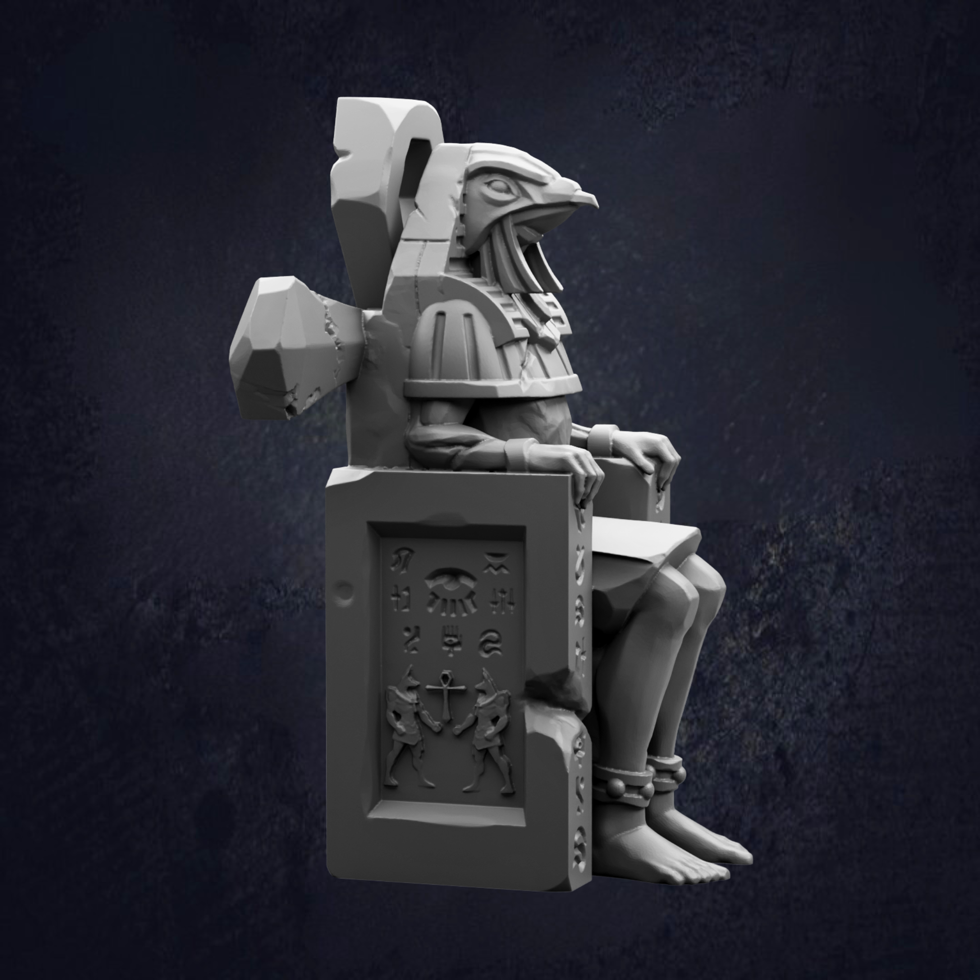 A 3D rendering of a statue of a deity or mythological figure, sitting on a throne-like structure with intricate carvings and symbols.