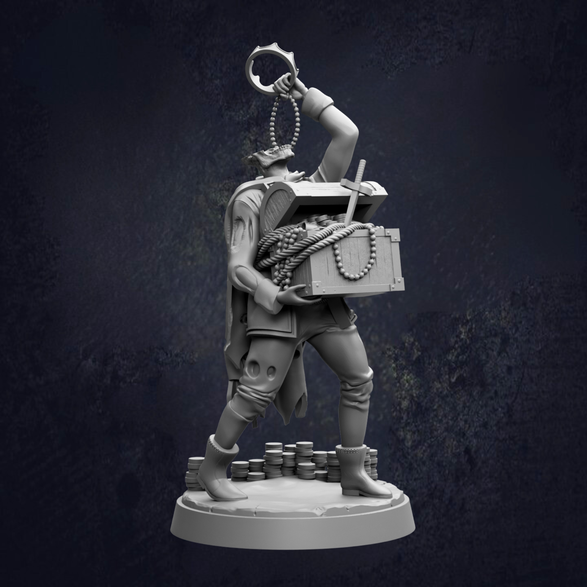 A 3D rendering of a pirate figure holding a treasure chest and a chain, standing on a base with stacks of gold coins.