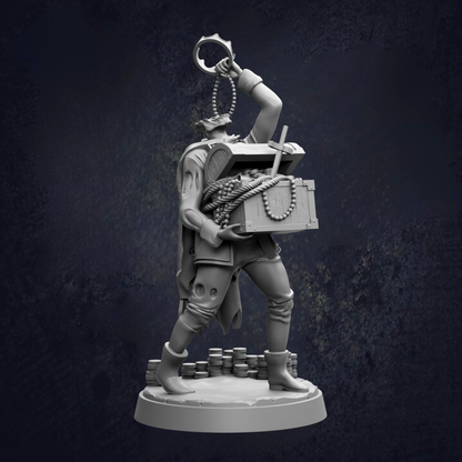 A 3D rendering of a pirate figure holding a treasure chest and a chain, standing on a base with stacks of gold coins.